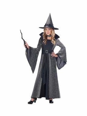 Girls Black & Silver Sparkle Witch Costume Dress with Hat